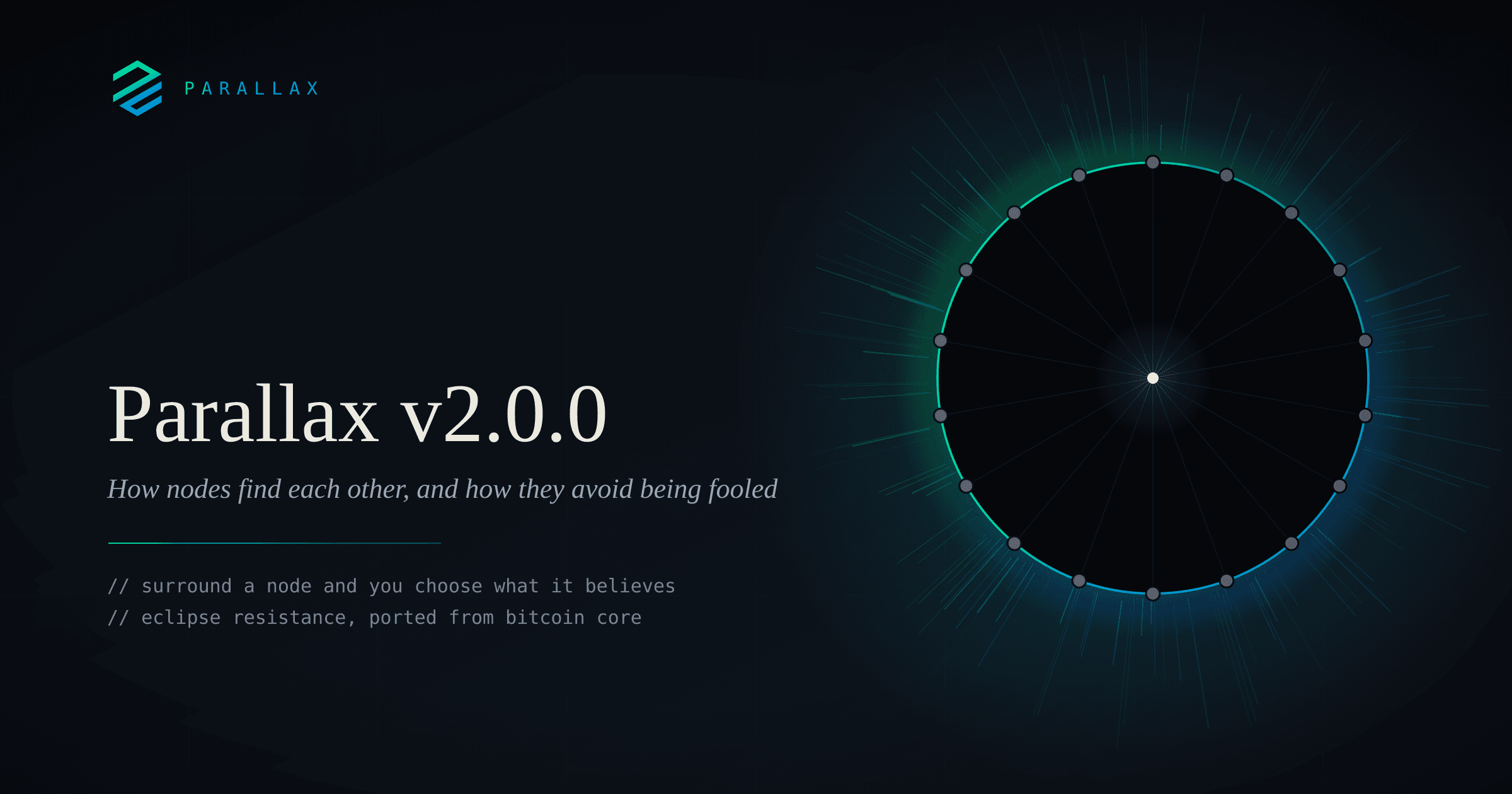 A single node alone inside a dark disc, ringed by identical anonymous peers that eclipse the light of the wider network behind it
