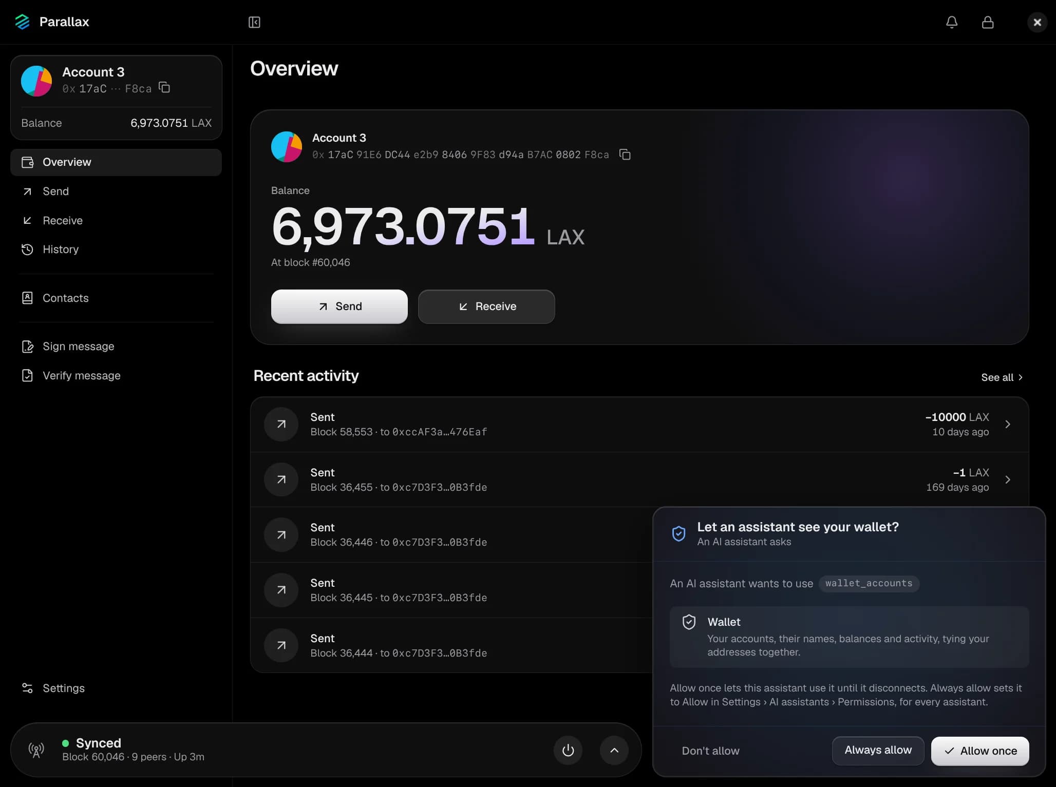 An AI assistant asking to see the wallet's accounts, with Don't allow, Always allow and Allow once