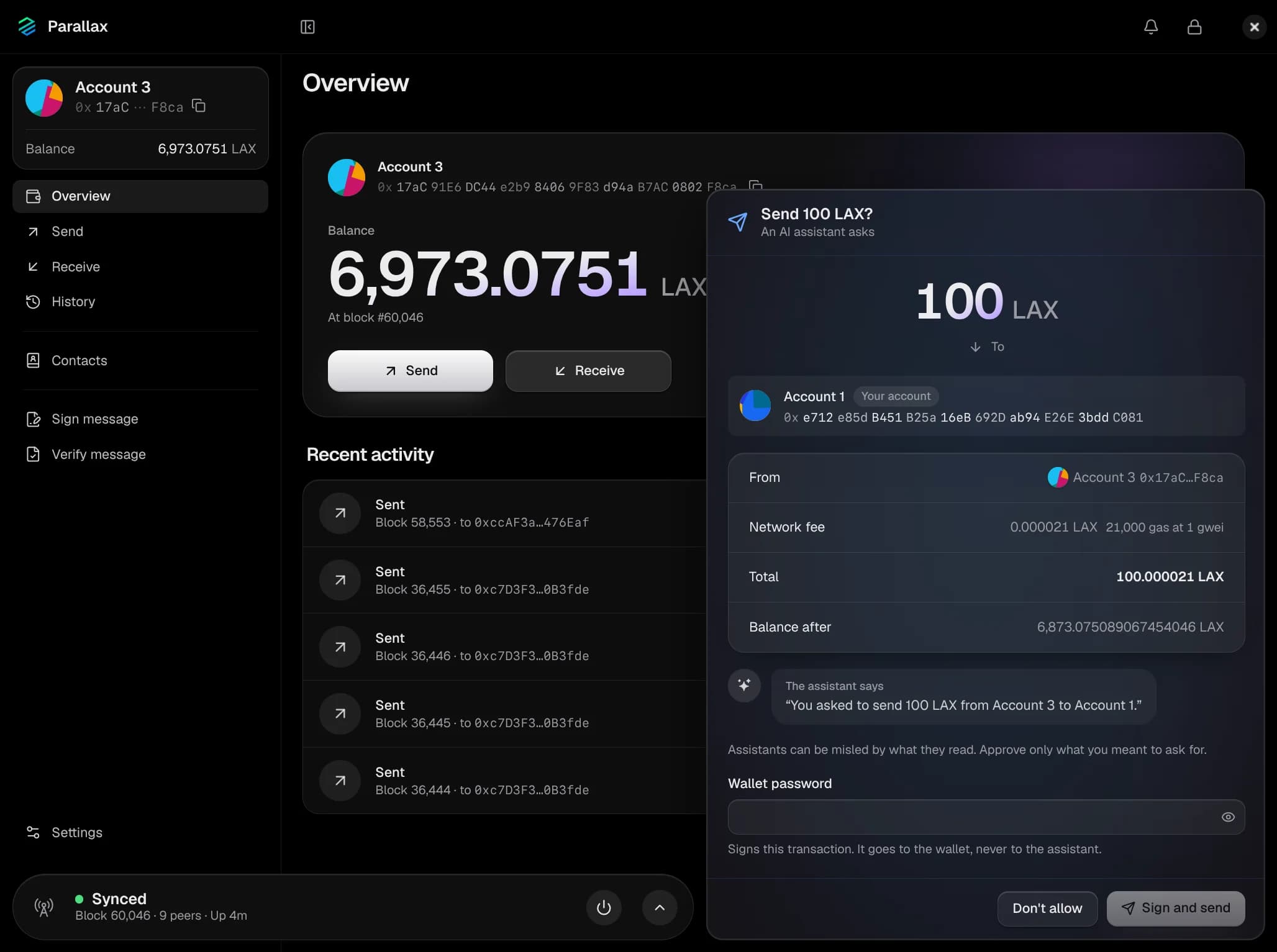 An AI assistant's request to send 100 LAX, reviewed in the app with the fee, the balance after, and the wallet password