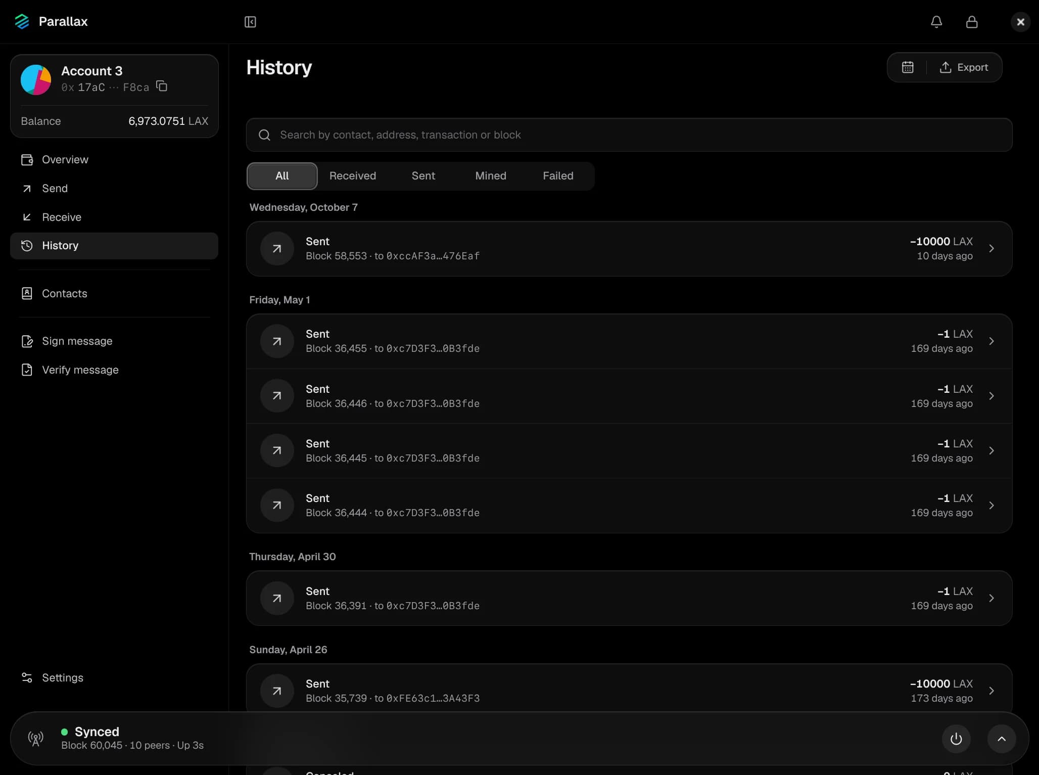 The full transaction history, grouped by day, with search and filters for received, sent, mined and failed