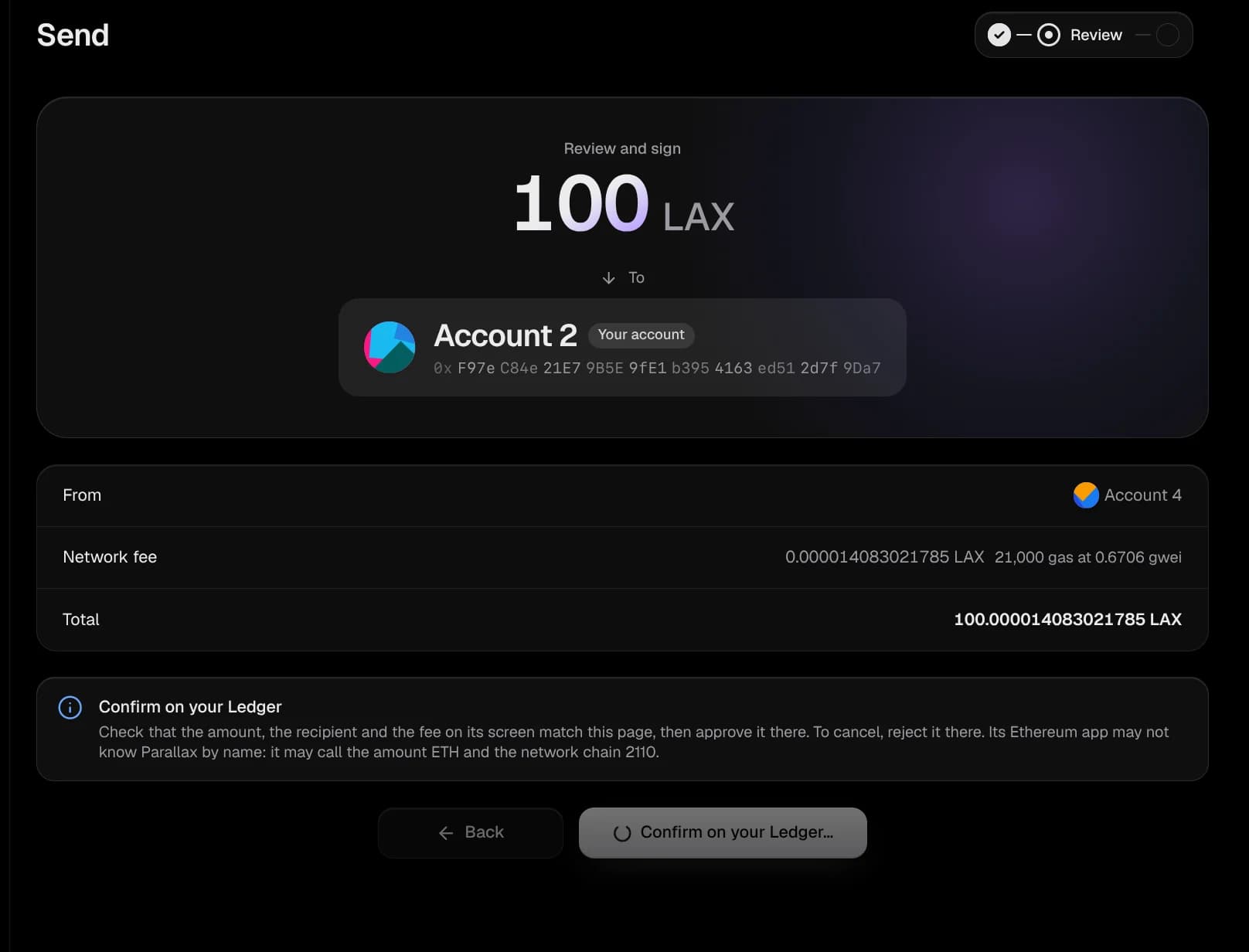 A send waiting for confirmation on a Ledger, with the amount, recipient and fee to check on the device