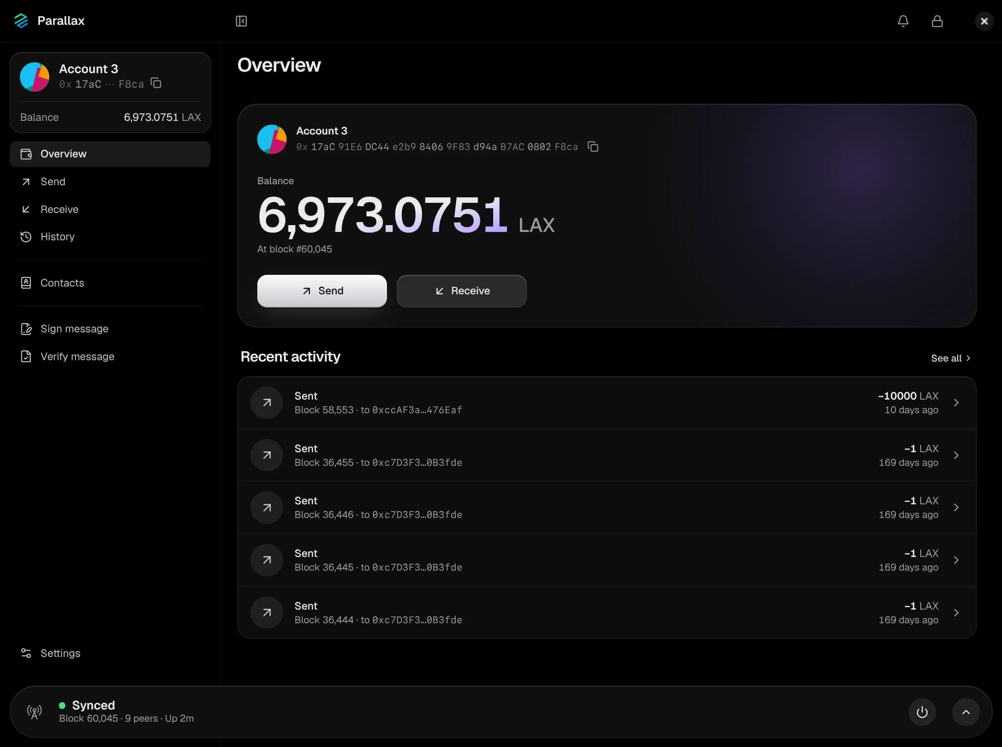 Parallax Wallet's overview: an account's balance at the latest block, recent activity, and the built-in node synced with 9 peers