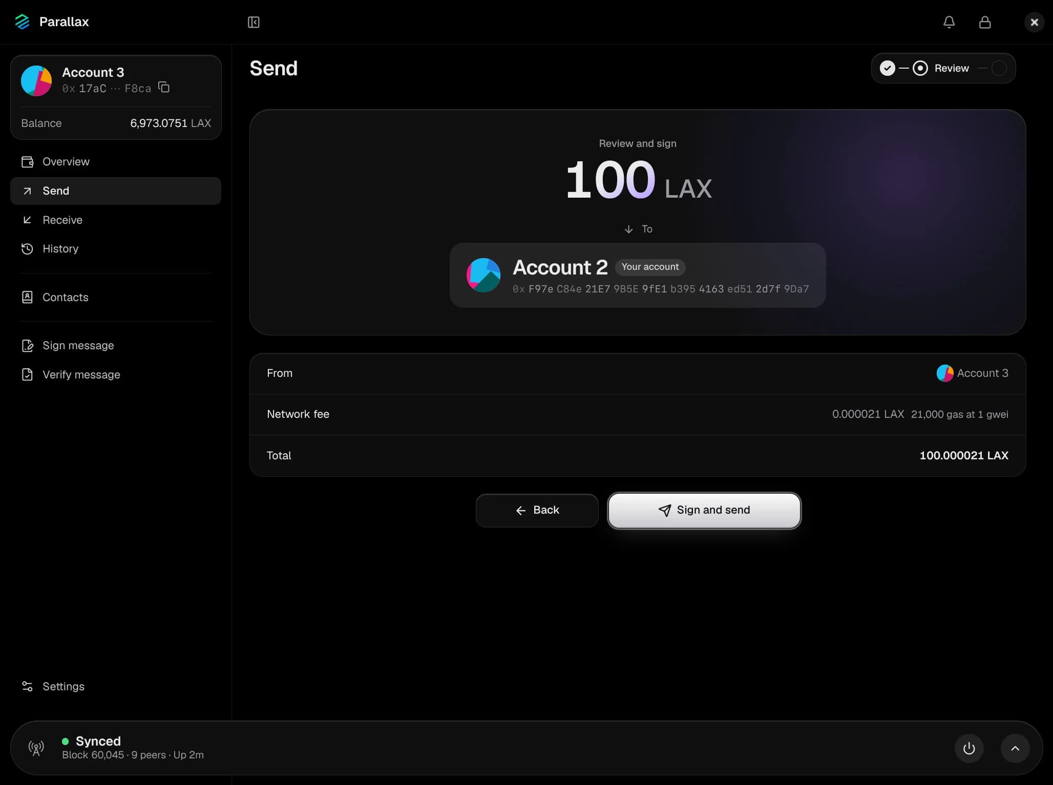The send review screen: amount, recipient, network fee and total before signing